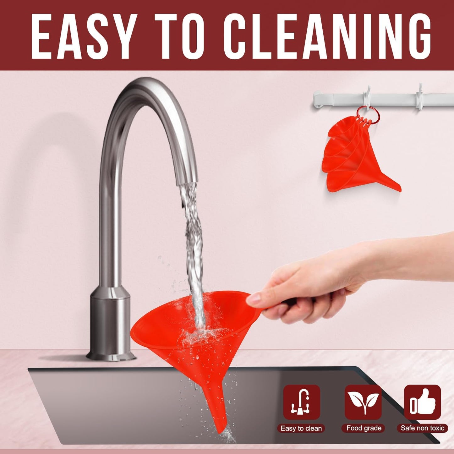 walfos 4pcs Kitchen Plastic Funnel (NO BPA),Automotive Funnel for Liquid Transfer,funnels for Filling Bottles, containers or Kitchen funnels for Laboratory use. red（4.7in&3.7in&2.7in&2in