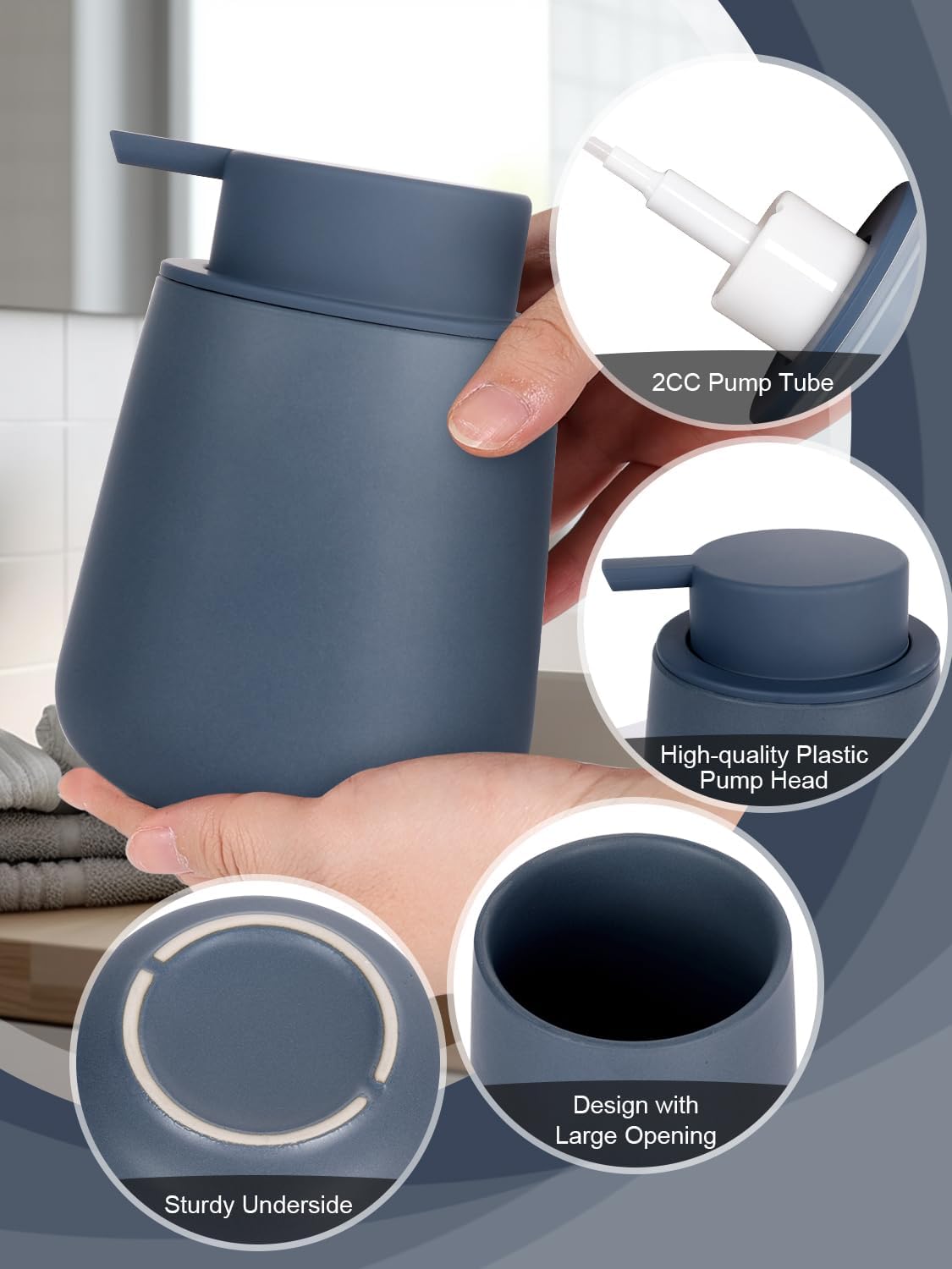 INGOFIN Ceramic Foaming Soap Dispenser - 12 oz Foam Hand Soap Dispenser Bathroom, Ceramic Dish Soap Modern Dispenser with Pump for Kitchen, Matte Blue