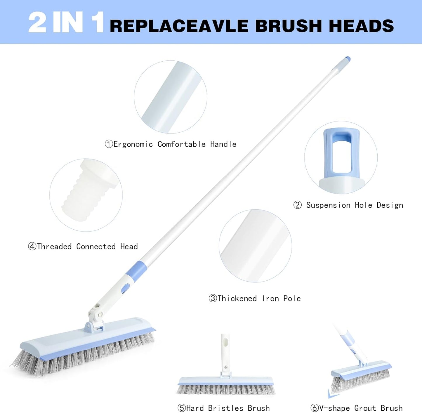 Floor Scrub Brush and V-Shape Grout Brush with Long Handle 3 in 1 Replaceable Head Scrape Brush Stiff Bristle with Swivel Head for Cleaning Tiles Hardwood Floors Patios Blue