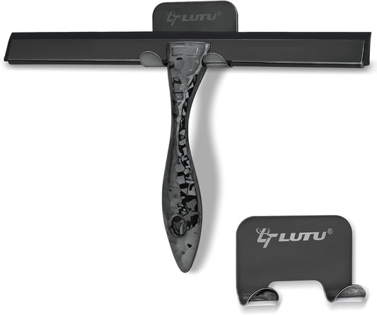 All-Purpose Silicone Shower Squeegee for Shower Glass Door,with 1 Hooks,for Bathroom Glass, Car, Tile Wall, Mirror Cleaning - Flower Shaped Handle for Easy-Grip 12 Inch Black