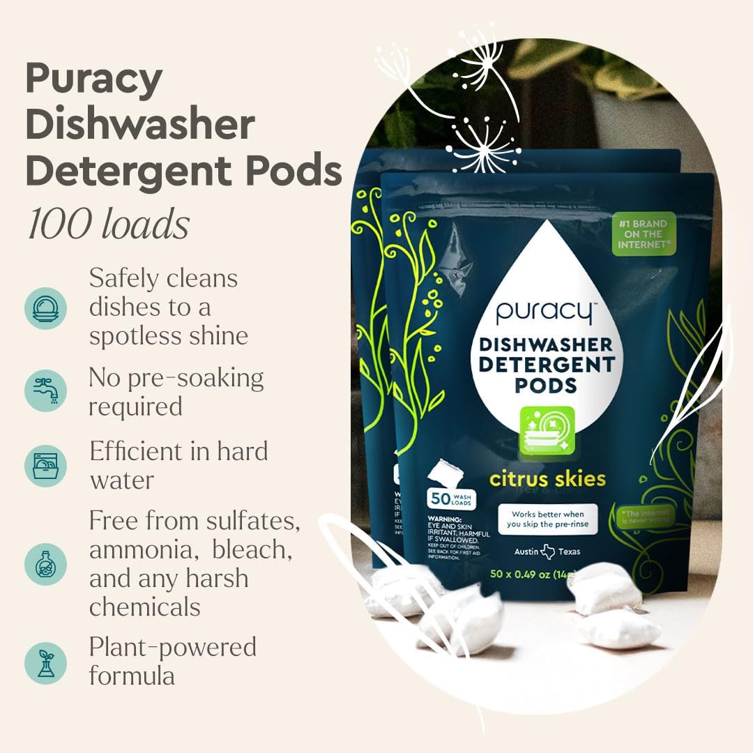 Puracy Dishwasher Pods, Natural Dishwasher Detergent, Citrus Skies Dish tabs - Enzyme-Powered, Spot & Residue Free - TikTok Trend Items, Must Haves from TikTok (Citrus Skies, 50 Count - 2 Pack)