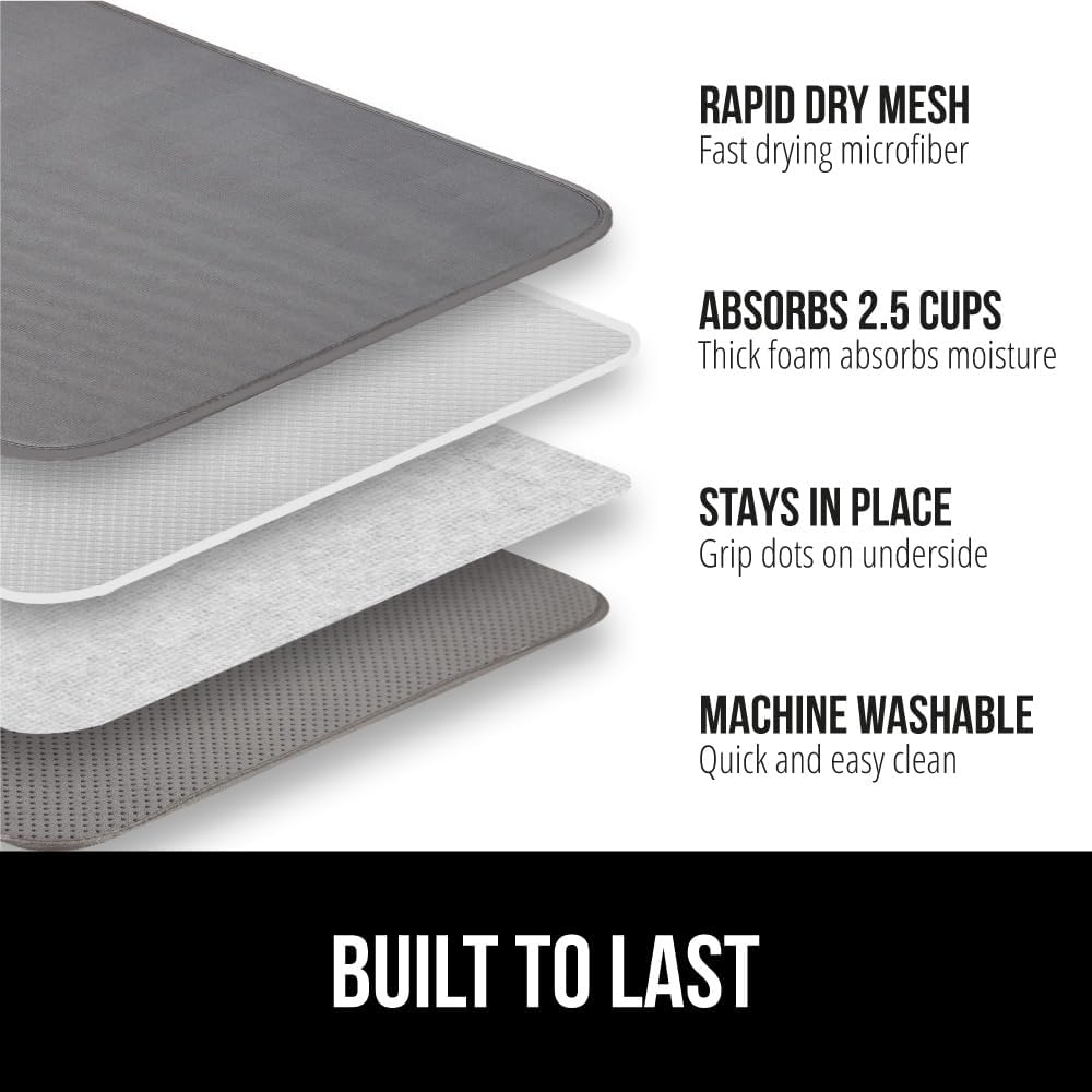 GORILLA GRIP Ultra Water Absorbent Microfiber Dish Drying Mat, 18x24, Quick Dry Thick Mesh, Slip Resistant Pad for Sink Dishes or Under Rack, Kitchen Counter Accessories, Machine Wash Mats, Gray