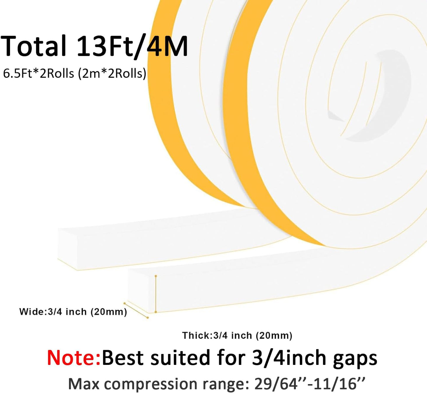 Weather Stripping Door Seal Strip, Strong Adhesive Doors and Windows Insulation Soundproof Weatherproof Foam Tape for Sliding Door, Front Door Frame, Window, Lightproof(3/4 In x 3/4 In x 13Ft)