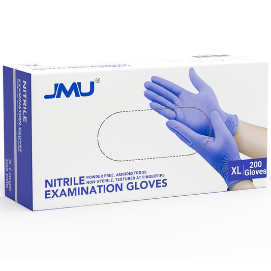 JMU Nitrile Exam Gloves, 200 Count, X-Large, Powder Free, Latex Free Disposable Gloves for Medical Tasks and Household Cleaning