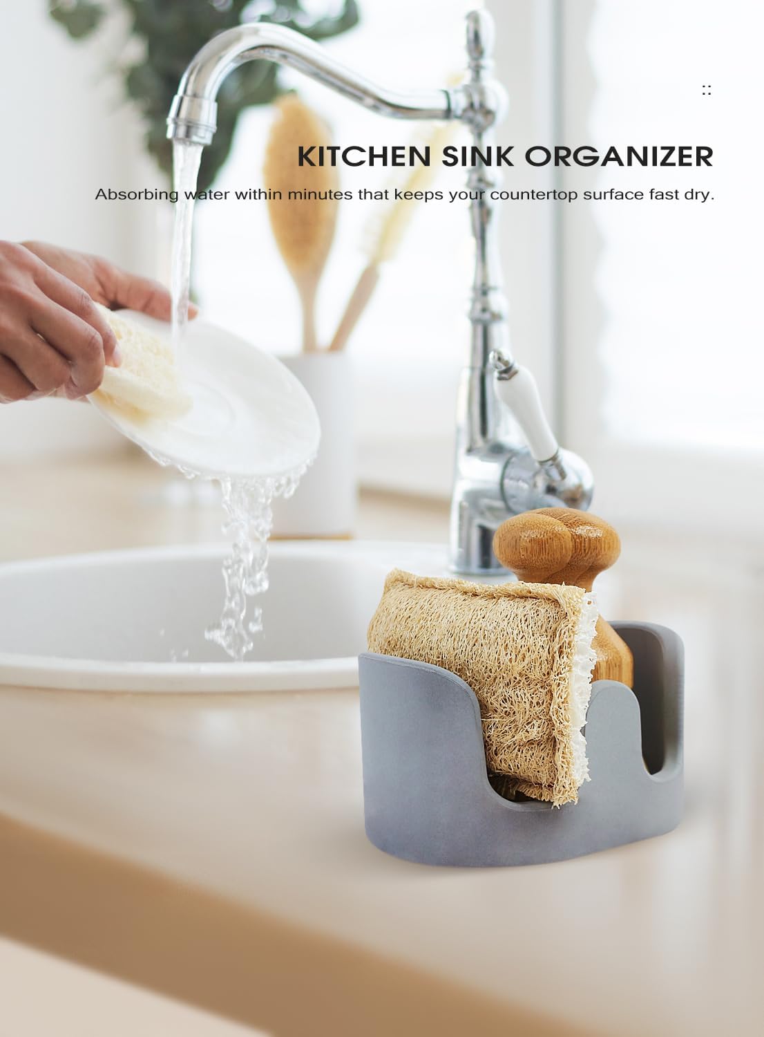 Double Sponge Holder, 2 Slots Diatomite Stone Sponge Holder, Absorbent Sponge Stand for Kitchen Sink, Quick Dry Dish Brush Holder Kitchen Sink Organizer, Gray