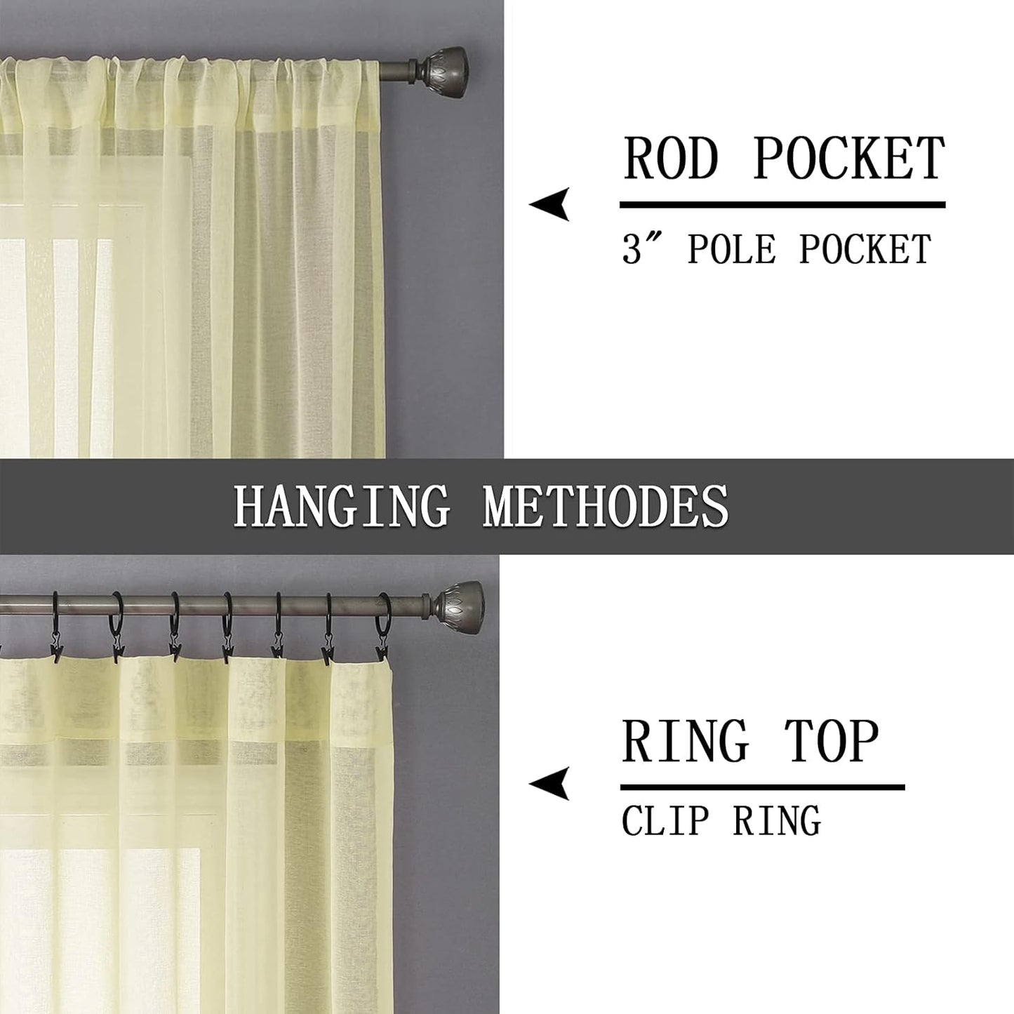 Tollpiz Sheer Curtains Linen Textured Bedroom Curtain Sheers Light Filtering Rod Pocket Voile Curtains for Living Room, 54 x 63 inches Long, Transparent Yellow, Set of 2 Panels