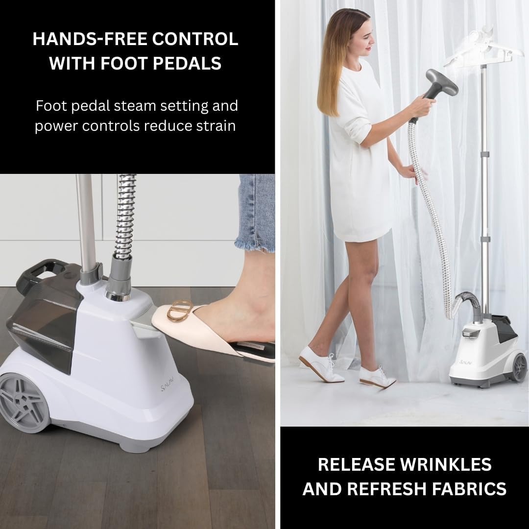 SALAV Heavy Duty Commercial Full-Size Garment Steamer with Foot Pedals and Extra Large 3L (101.5 oz) Water Tank, 1800 watts, 90+min of Continuous Steam (White)