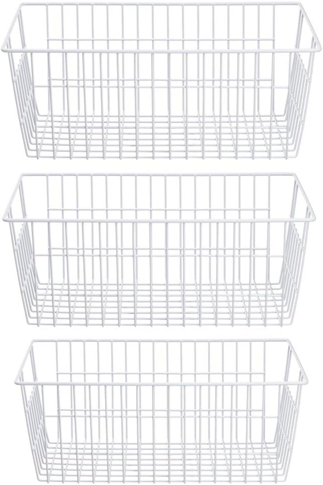 SANNO Freezer Baskets Wire Storage Baskets Closet Storage Baskets Bins Refrigerator Storage Containers for Home Office, Bathroom, Pantry Organization Storage Bins -Set of 3, White, 15.7"
