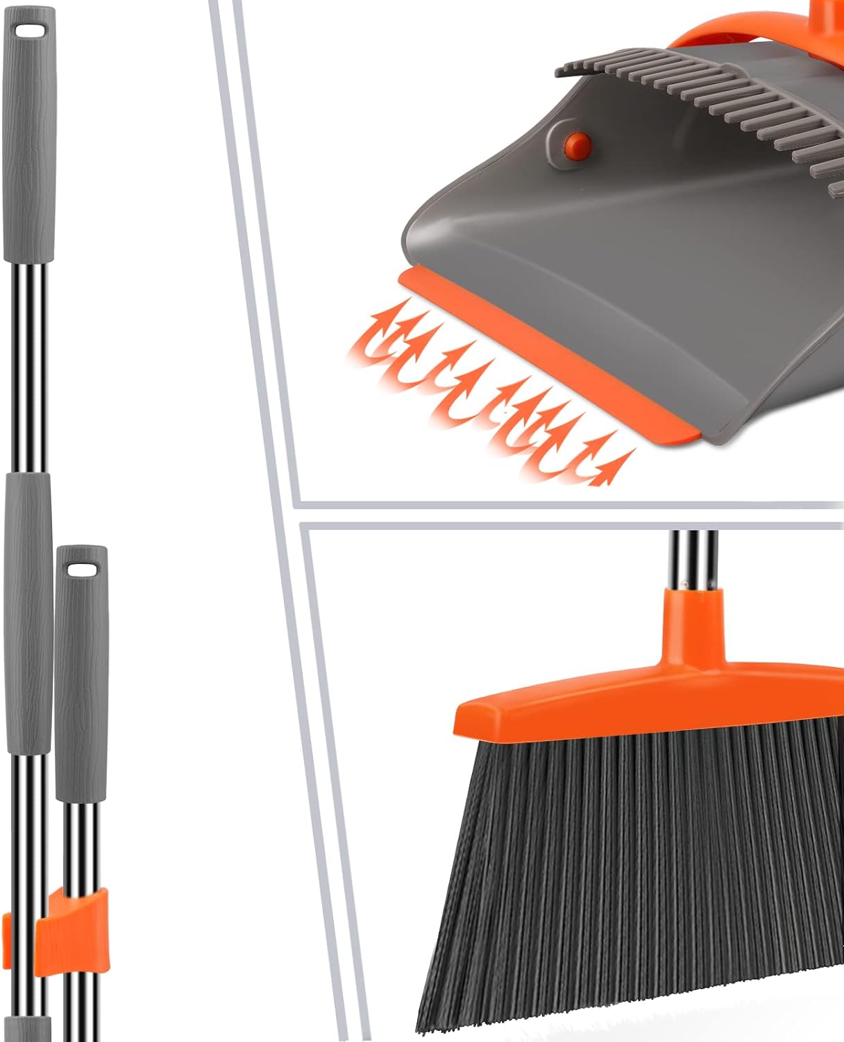 Broom and Dustpan Set for Home, Broom and Dustpan Combo for Office, Long Handle Broom with Upright Standing Dust pan,Indoor&Outdoor Sweeping (Gray&Orange)