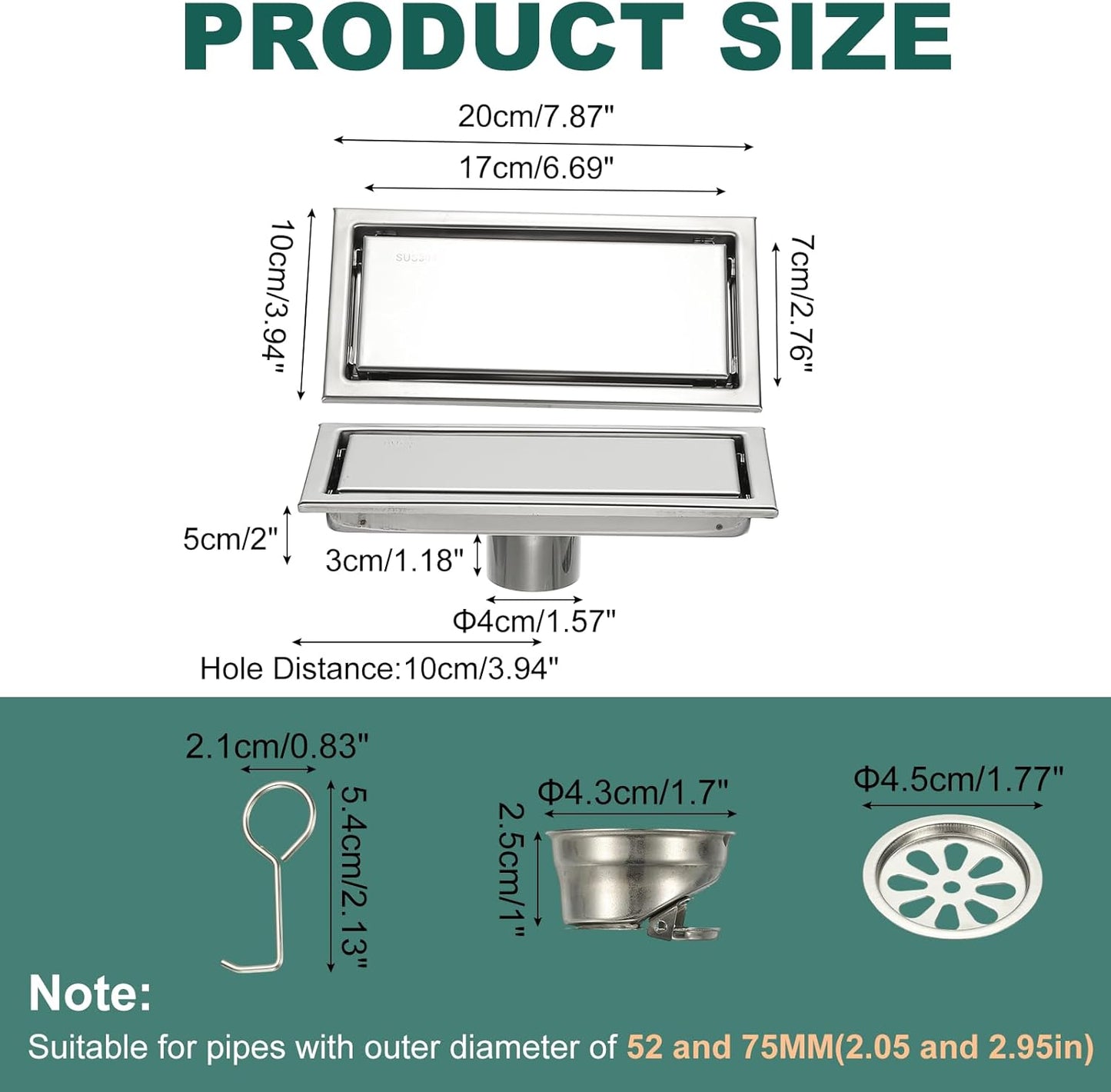 uxcell Rectangular Shower Drain, Brushed 304 Stainless Steel Odor-Proof Floor Drain Linear Shower Drain Hair Catcher for Bathroom Kitchen and Laundry Room(8 Inch, Bright Silver)