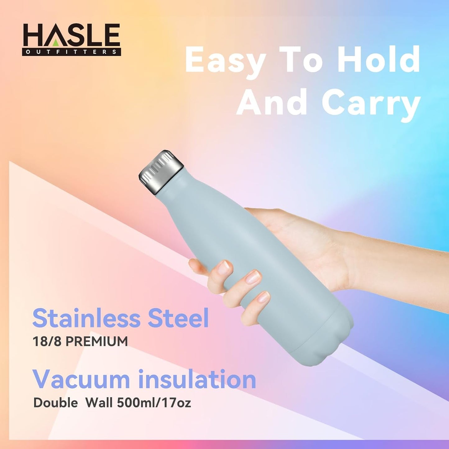 HASLE OUTFITTERS 17oz Stainless Steel Water Bottles, Vacuum Insulated Water Bottles Double Walled Powder Coated Reusable Metal Sports Water Bottles Keep Drinks Hot and Cold,Sky Light Blue, 1Pack