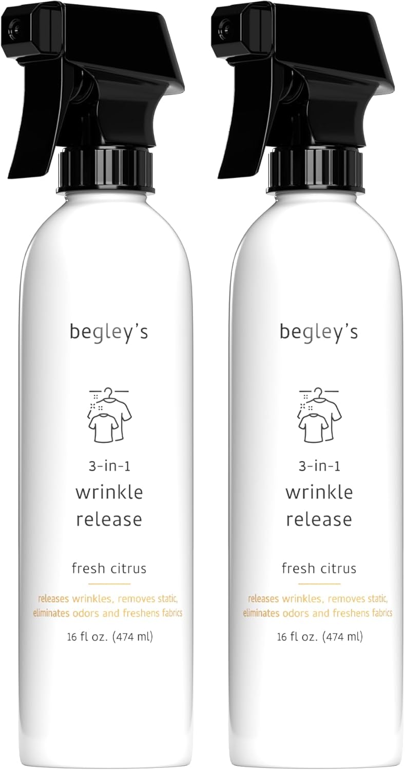 Begley's 3-in-1 Wrinkle Remover, Quick Fix Wrinkle Release, Static Cling Remover, Odor Eliminator and Fabric Refresher Spray - USDA Certified Biobased - Citrus, 16 oz, 2 Pack