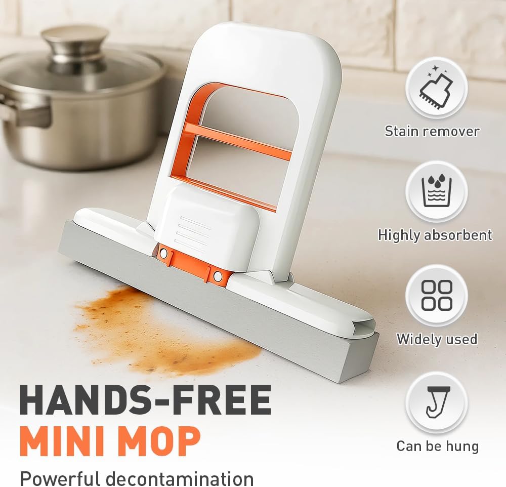 Mini Foldable Desktop Mop, Wet and Dry Portable Cleaning Sponge Mop,Self Squeezing Mini Sponge Mop with One Replaceable Head,for Small Spaces,Bathroom,Kitchen,Glass (Orange/2pcs)