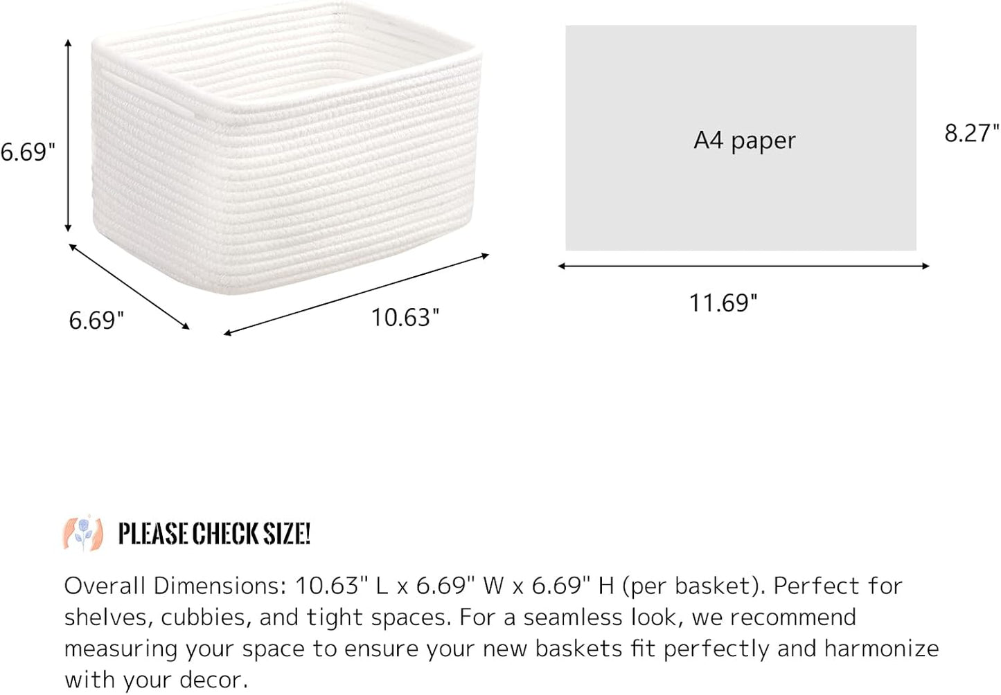 Small Cotton Rope Basket – Storage Bin for Organizing (10.6" x 6.7" x 6.7"), Bathroom Storage Basket for Shelf, Counter & Closet（White）