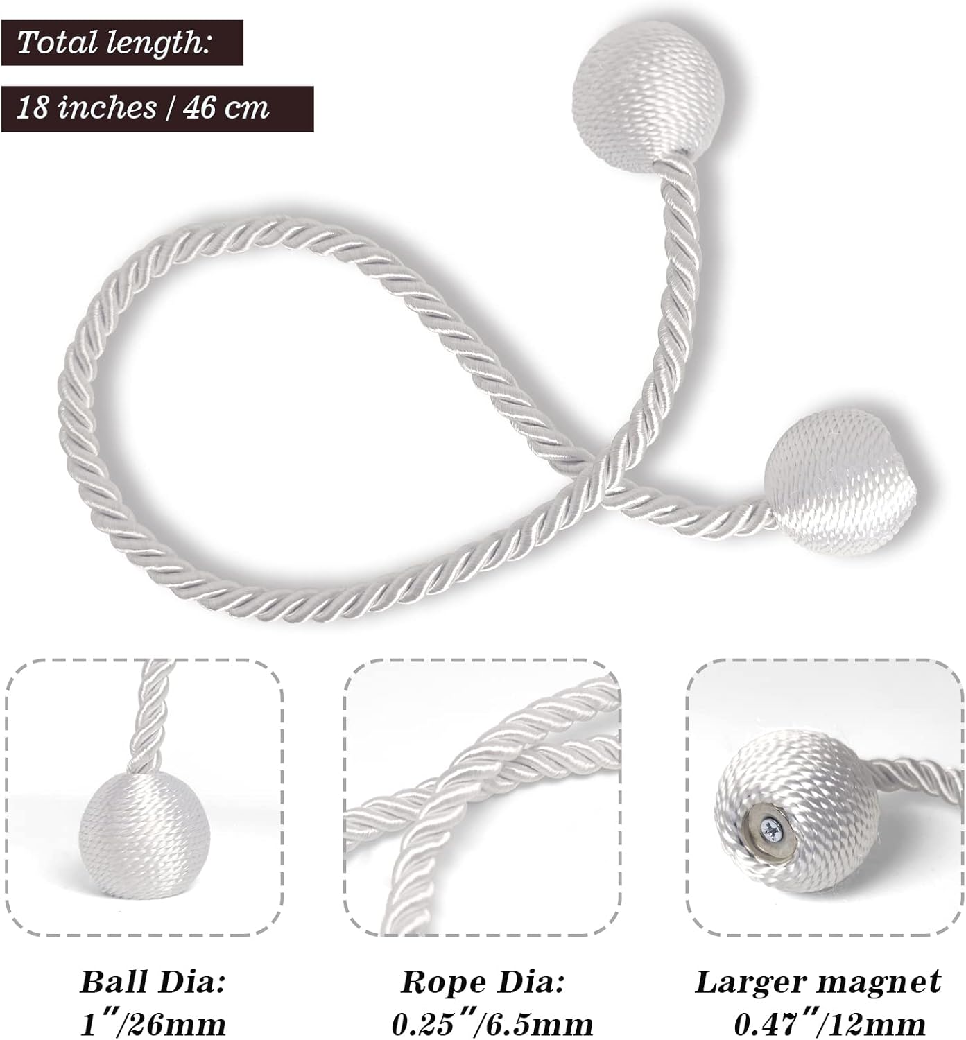 Hion Magnetic Curtain Tiebacks White 2pcs, Curtain Tiebacks Buckles Holdbacks Holders Hooks Clip for Home Bedroom Office Decorative Curtain