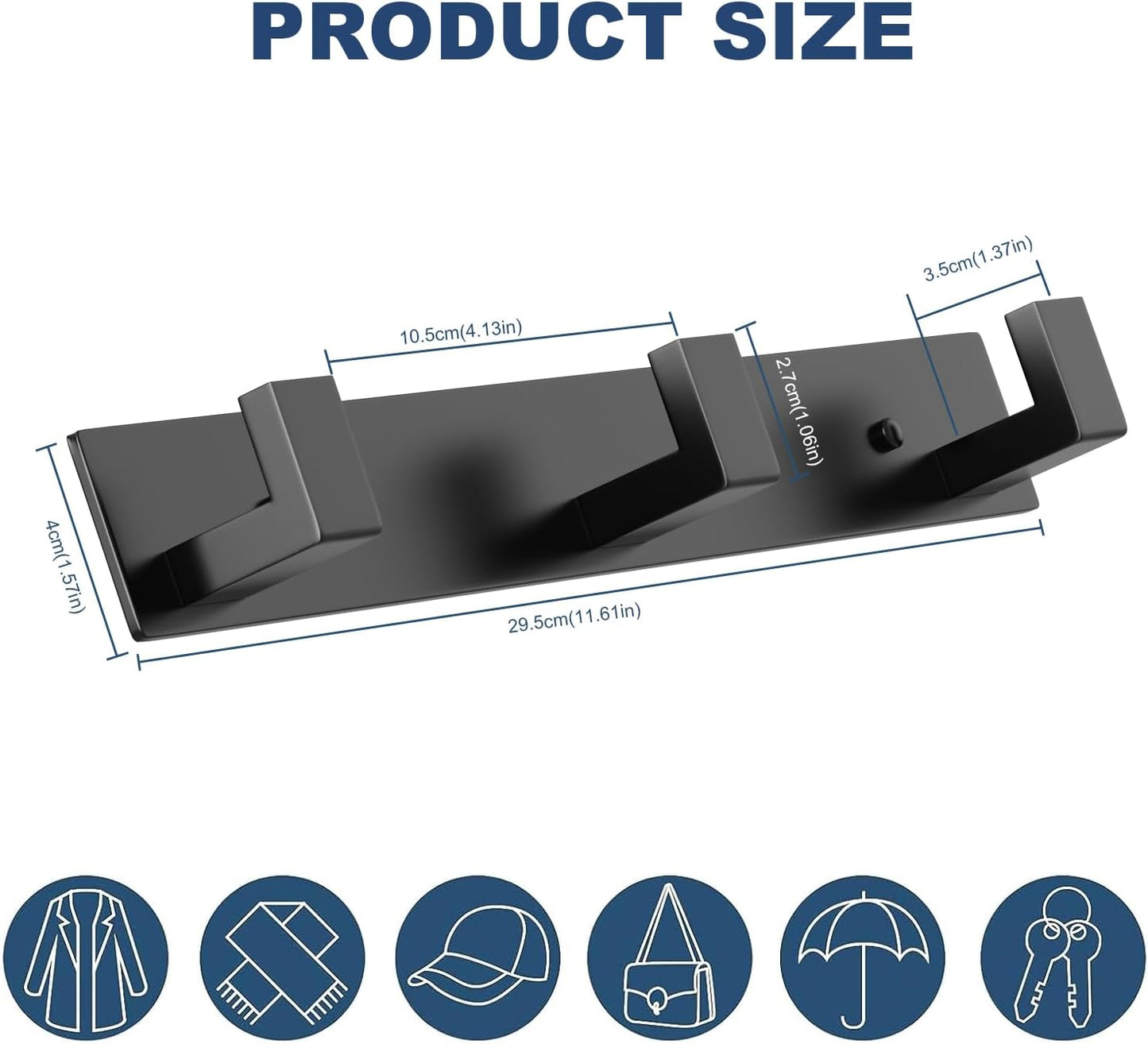 PMMASTO Wall Mounted Coat Hooks- Stainless Steel Rust-Resistant Bathroom Hangers for Towels/Hats/Coats, Heavy-Duty Wall Mount Hooks with Screws (Black 3 Hooks, 2-Pack)