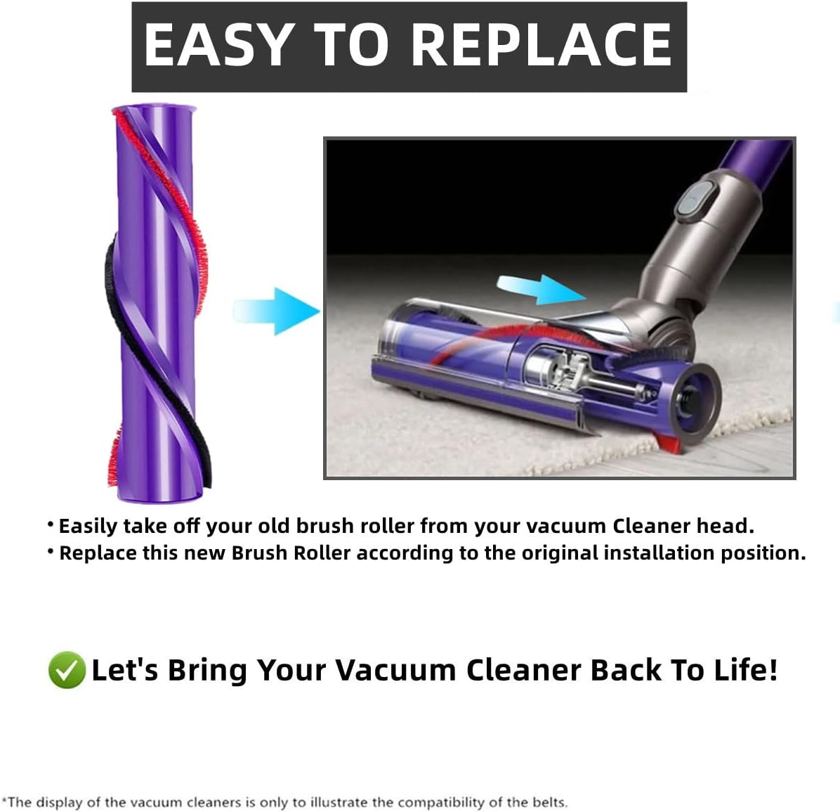 Replacement Brush Roller for Dyson V8 Cordless Vacuum Cleaner, Brush Bar Assembly Compared to Part 967485-01 (4 Prong Drives & No Screw)