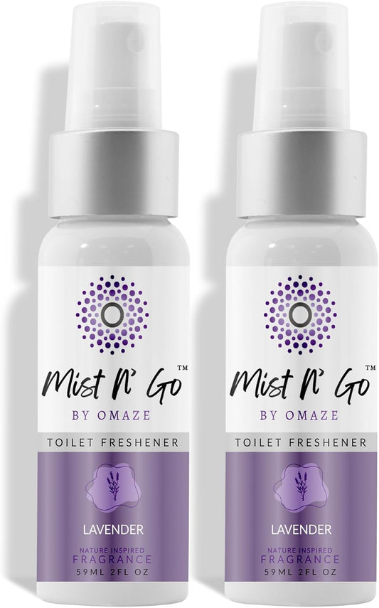 Mist N’ Go by Omaze Travel Bathroom Spray for Toilet Spray Odor Eliminator - Travel Toilet Spray for Bathroom Air Freshener Spray for Bathroom Deodorizer - Lavender Regular Size (2oz x2)