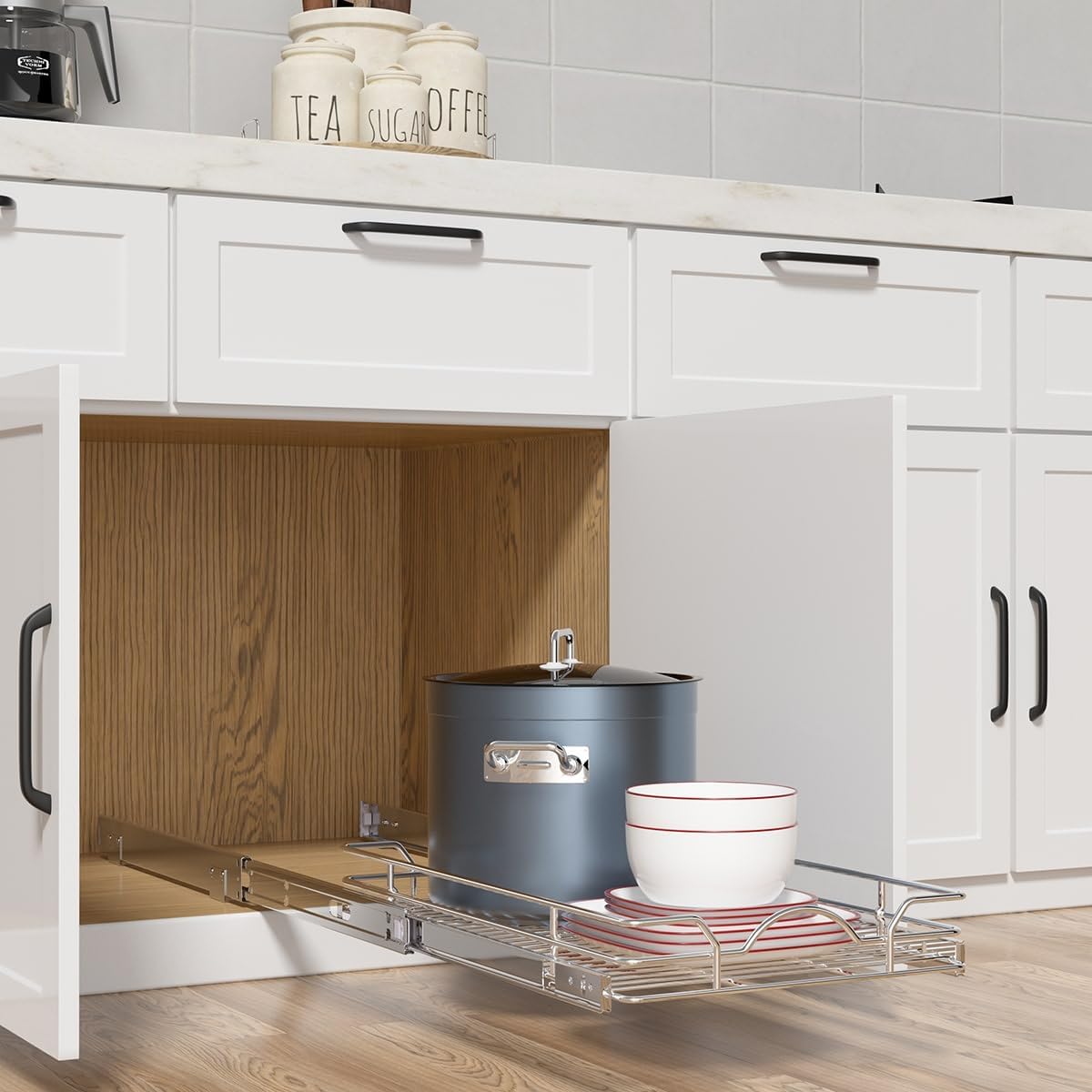 OCG Pull Out Cabinet Organizer (18" W x 21" D), Pull out Drawers, Cabinet Pull Out Shelves for Base Cabinet Organization in Kitchen Bathroom Pantry, Bottom Mount, Chrome Finish