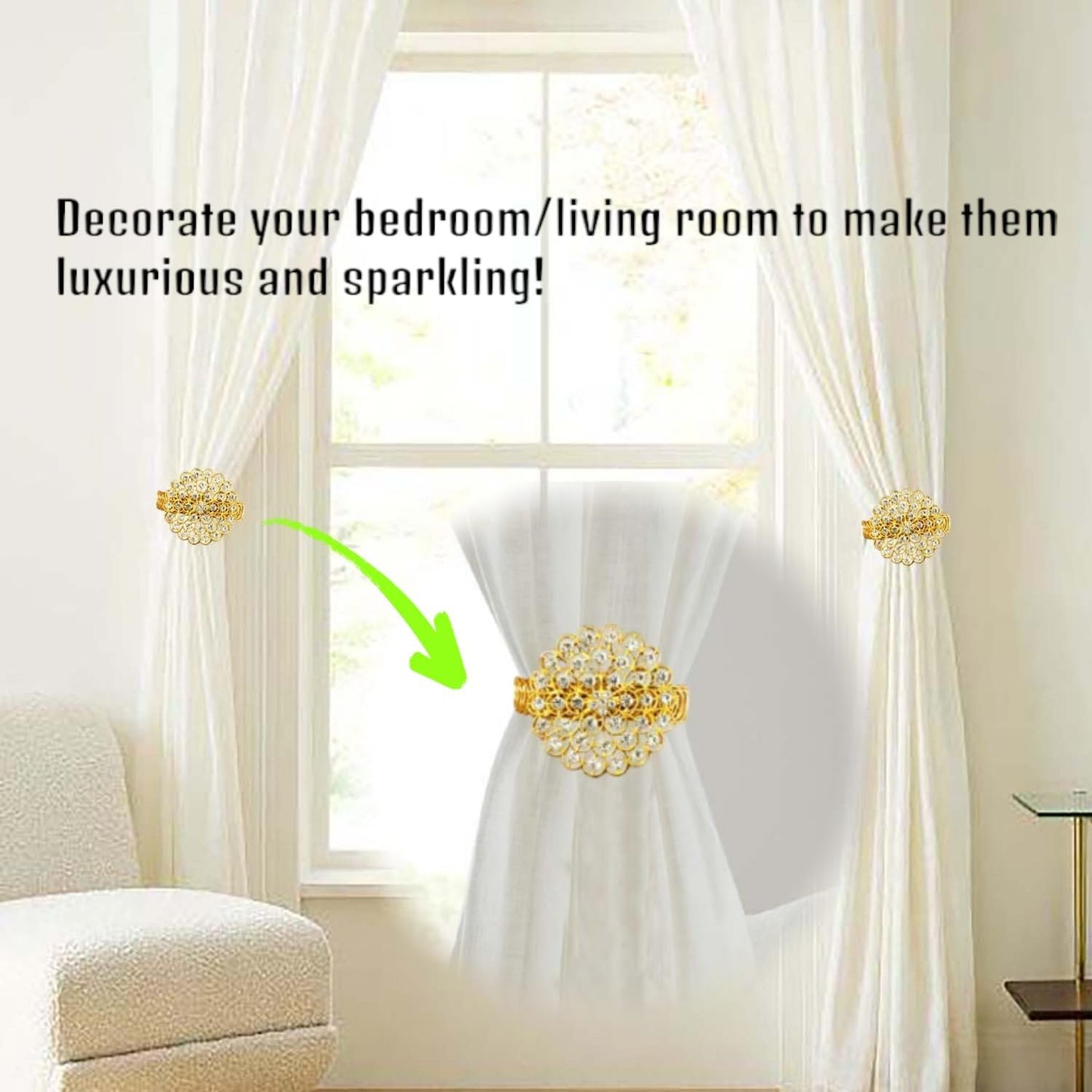 2 Pack Crystal Flower Curtain Tiebacks – Decorative Spring Wire Buckle Clips with Sparkling Rhinestone Flower Design, No Drilling, Easy Fit for Drapes & Sheers