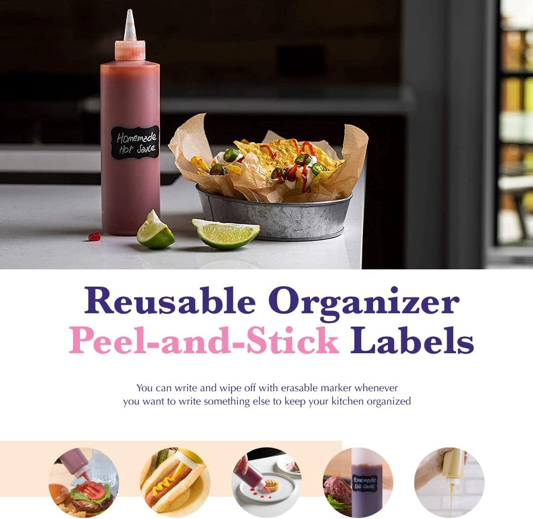 6-Pack Condiment Squeeze Bottles for Sauces - Includes Funnel, Erasable Marker & Reusable Labels, Perfect for Salad Dressings, Liquids, and Ketchup, Durable Plastic 4 oz Bottles