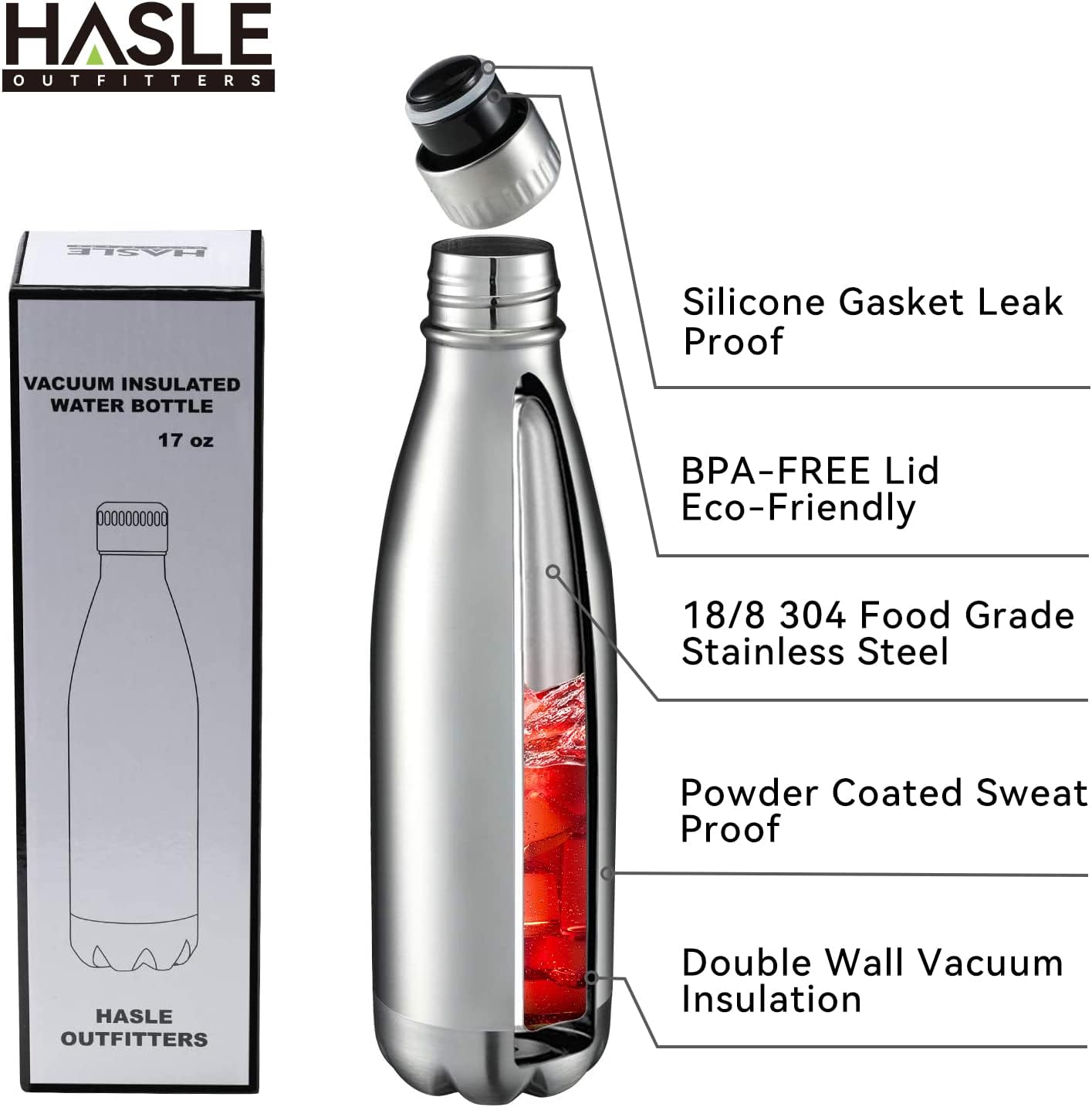 HASLE OUTFITTERS 17oz Stainless Steel Water Bottles, Vacuum Insulated Water Bottles Double Walled Reusable Metal Sports Water Bottles Keep Drinks Hot and Cold, Stainless, 1Pack