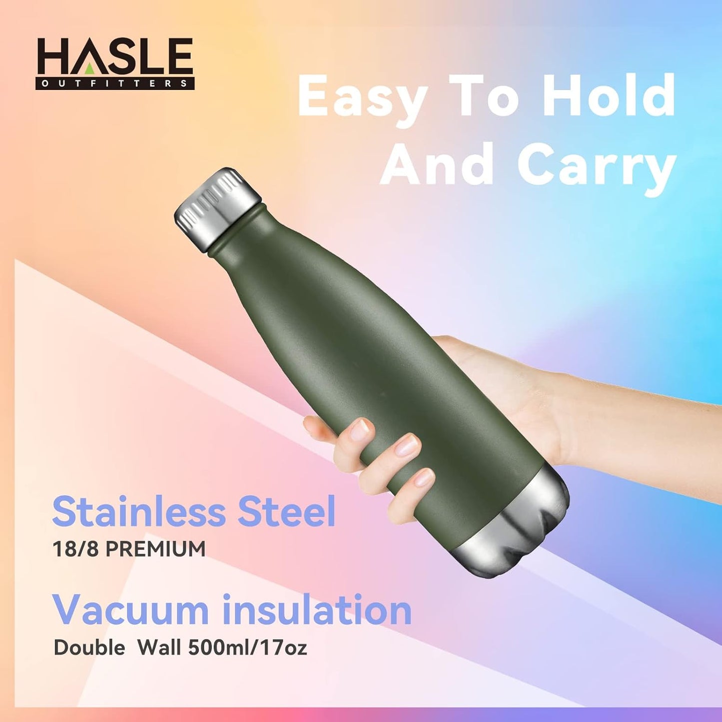 HASLE OUTFITTERS 17oz Stainless Steel Water Bottles Bulk, Vacuum Insulated Water Bottles Double Walled Powder Coated Reusable Metal Sports Water Bottles Keep Drinks Hot and Cold, ArmyGreen, 4Packs