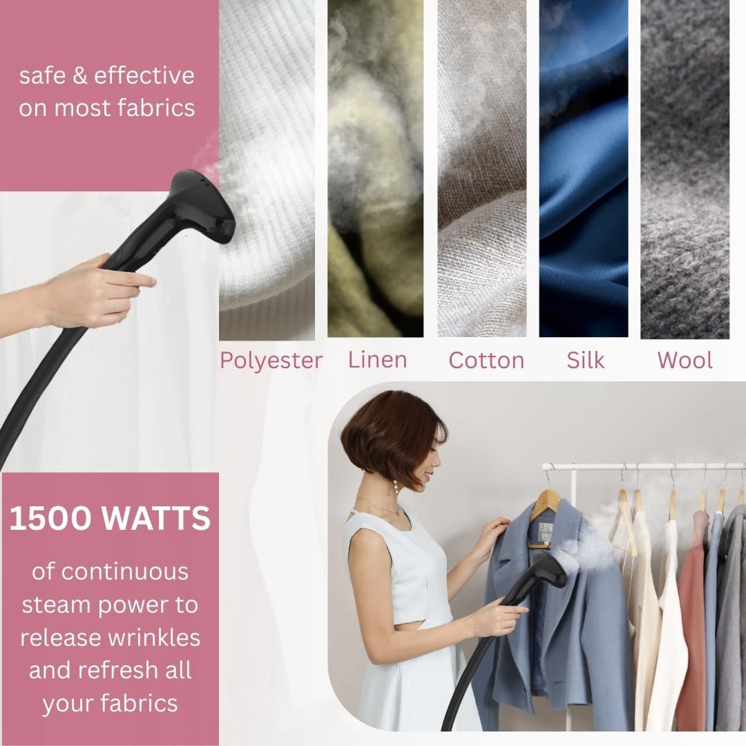 SALAV GS18-DJ Standing Garment Steamer with Roll Wheels for Easy Movement, 1.8L Water Tank for 1 Hour Continuous Steaming, Adjustable Pole for Storage, Includes Descaler Packet, 1500 watts - Pink