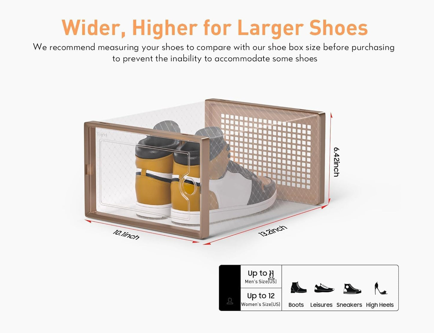 Kuject X-Large Shoe Storage Boxes Organizers for Closet 12 Pack, Fit Size 11,Clear Plastic Stackable Sneaker Containers for Entryway, Space Saving Shoe Rack,Substitute for Drawer Organize Unit, Brown