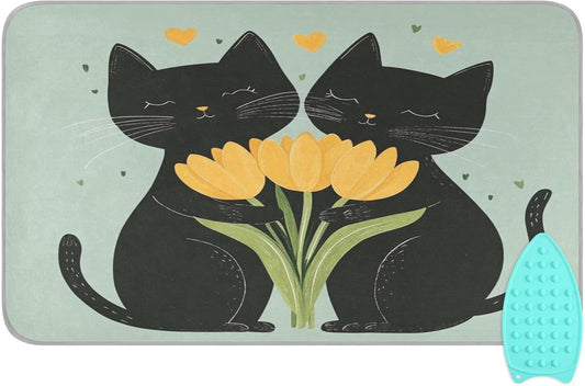 Black Cats Tulips Green Ironing Mat Thickened Ironing Blanket Travel Portable Double-Side Using Ironing Pad Travel Isolate Heat Pad Cover for Washer Dryer Table Top Countertop 27.6x47.2in
