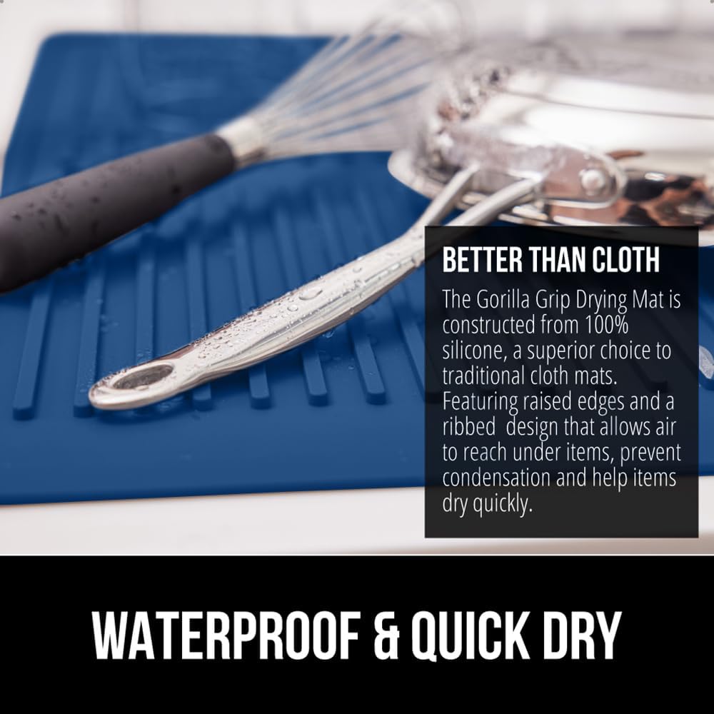 GORILLA GRIP 100% BPA-Free Patented Silicone Dish Drying Mat for Kitchen Counter, 18x16 Inch, Water Catching Ribbed Design, Easy Clean Waterproof Sink Liner, Heat Resistant, Fits Under Rack, Blue