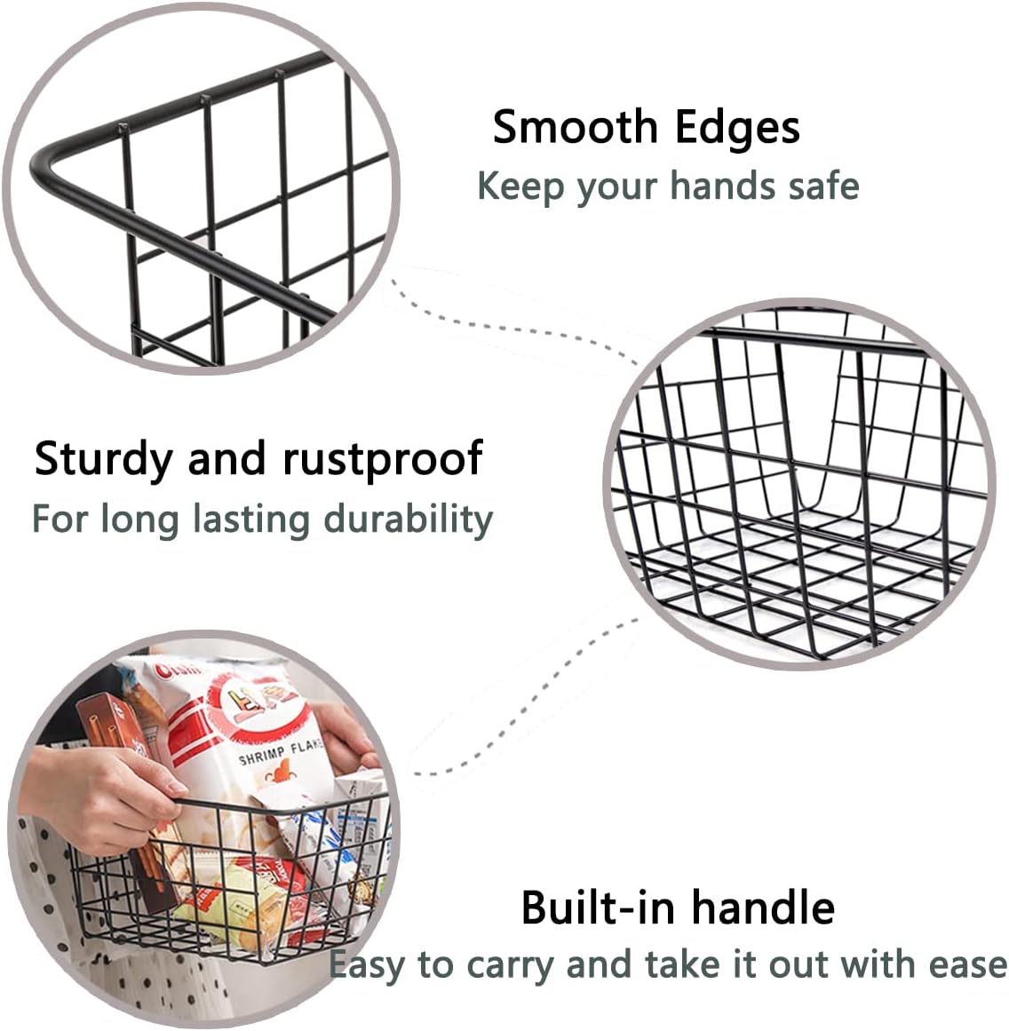 5 Pack Wire Storage Baskets, Premium Pantry Baskets for Storage, Metal Freezer Storage Organizer Baskets Bins with Handles for Kitchen Cabinets, Pantry, Bathroom (Black, Small)