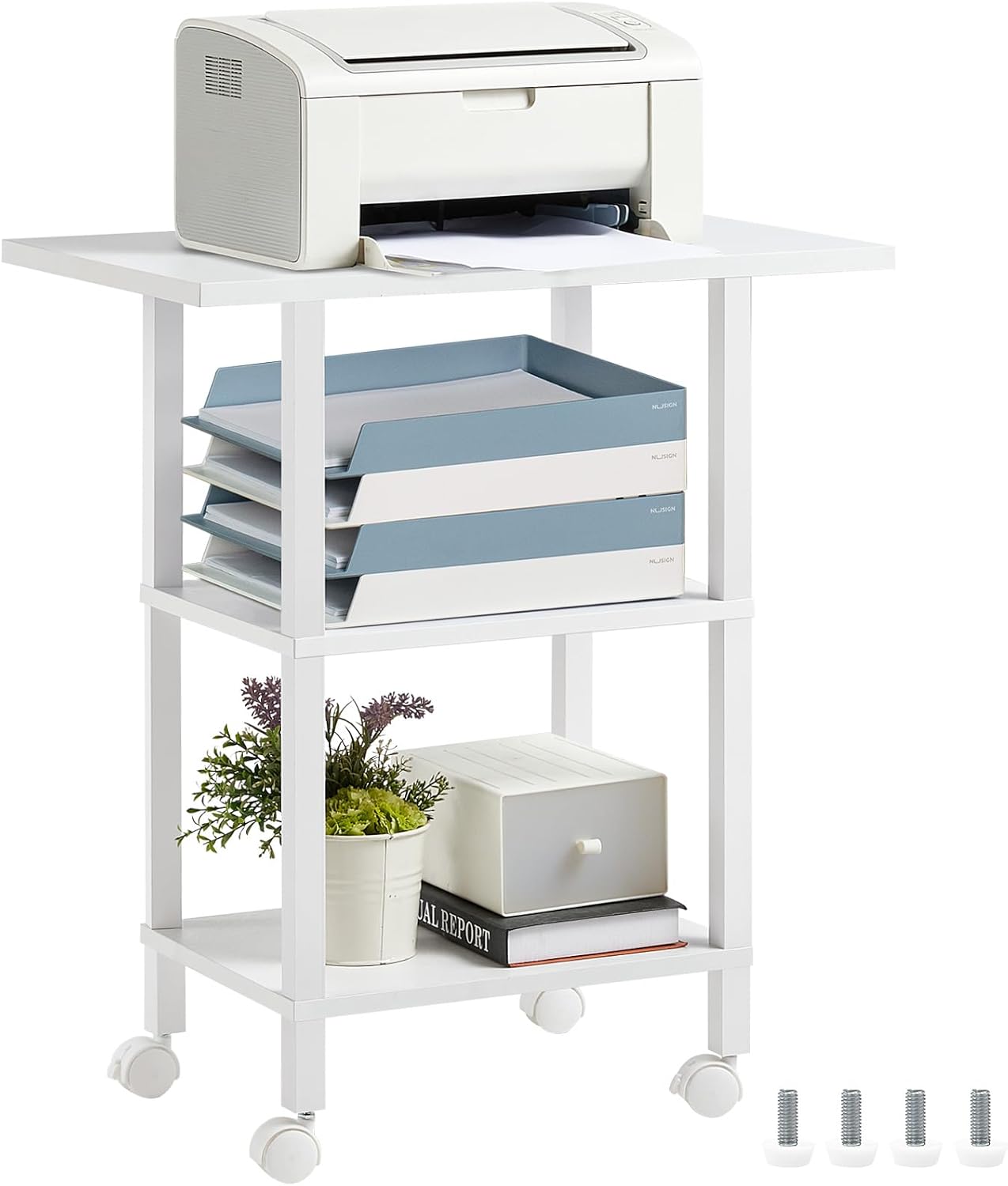 Lerliuo White 3 Tier Printer Stand with Storage, Printer Table for Home Office, Wooden Rolling Printer Cart Shelf with Lockable Wheels fit Fax Machine, Scanner