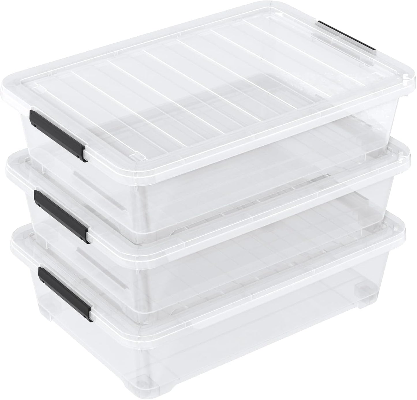 Set of 3 42 L Clear Plastic Under The Bed Storage Bins, Underbed Box with Latching Lid and Wheels, Flat Container for Dormitory, Apartment, Attic