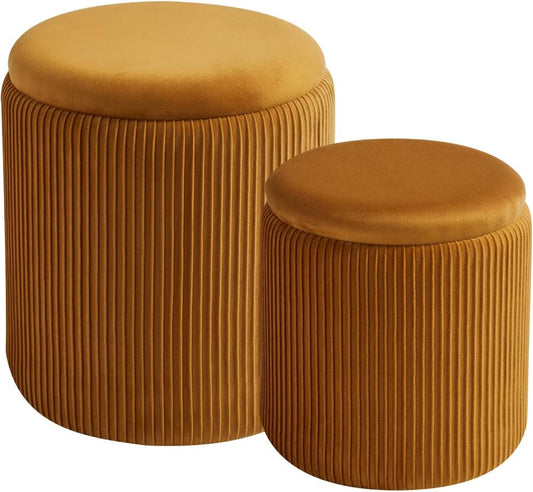 Round Set of 2 Ottoman with Storage-Upholstered Velvet Vanity Stool for Makeup Multifunctional Ottomans Coffee Table Padded Seat Foot Rest for Living Room&Bedroom (Yellow)