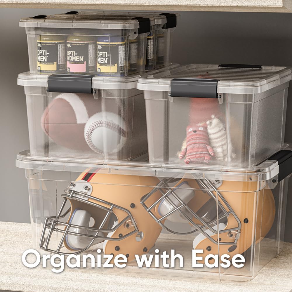 Superio Storage Bins with Lids, Clear Plastic Containers for Organizing, Stackable Totes, BPA Free, Odor Free, Organizer Boxes for Home, and Dorm (4 Pack, 36 Qt)