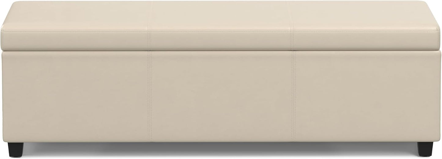 SIMPLIHOME Avalon 54 inch Wide Contemporary Rectangle Extra Large Storage Ottoman Bench in Satin Cream PU Faux Leather, Assembled, for The Living Room, Entryway and Family Room