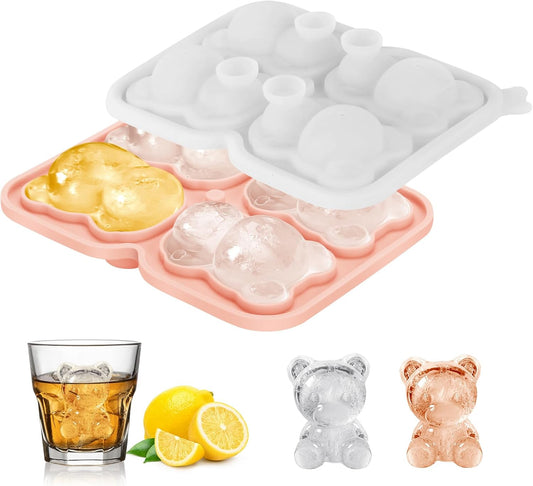 Silicone Ice Cube Tray,Bear 3D Large Ice Cube Molds for Whiskey,Cocktails,Wine,Juice and Bourbon,4 Big Cute Animal Ice Trays for Freezer with Lid Easy-Release BPA Free(Bear)