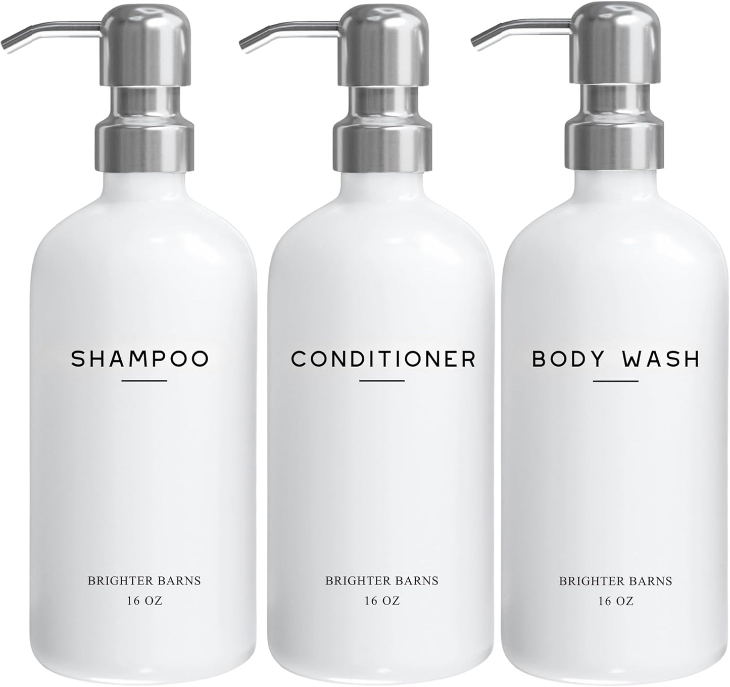 White Shampoo and Conditioner Dispenser Set by Brighter Barns - Shower Dispenser for Bathroom - Refillable Plastic Shampoo Bottle & Stainless Steel Pump - Shampoo Dispenser for Vacation Rental (White)