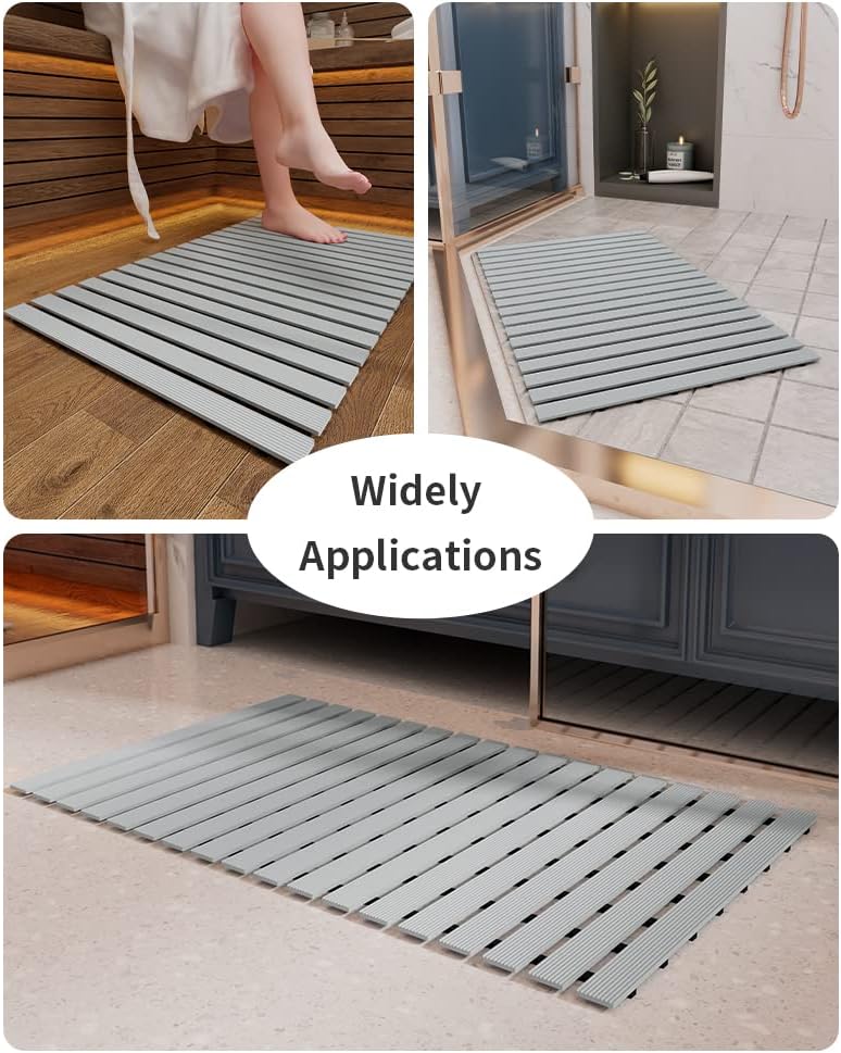 PADOOR Shower-Mat Non Slip, Heavy Duty Bathtub-Mat Curlable Quick Drain Sturdy Bath Tub Mat Without Suction Cups for Indoor Outdoor Use 17x26 Inch Grey