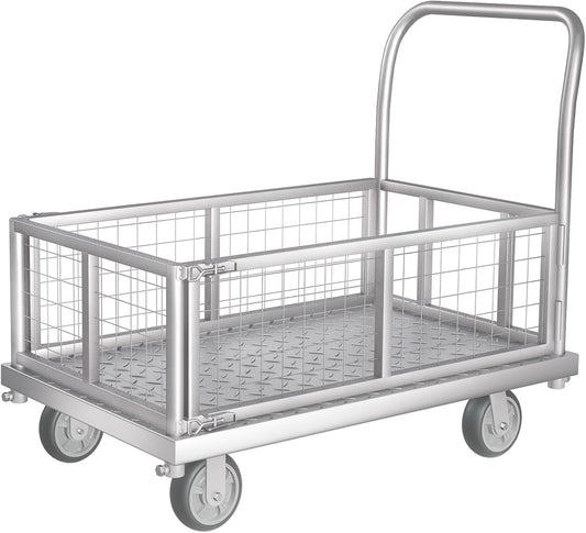 4-in-1 Platform Truck Cart with Cage, Multi-Purpose Heavy Duty Steel Flatbed Cart with 2200lbs Capacity Platform Hand Truck 6" Wheels Push Cart Dolly for Groceries, Garage, Warehouse (41“L x 24" W)