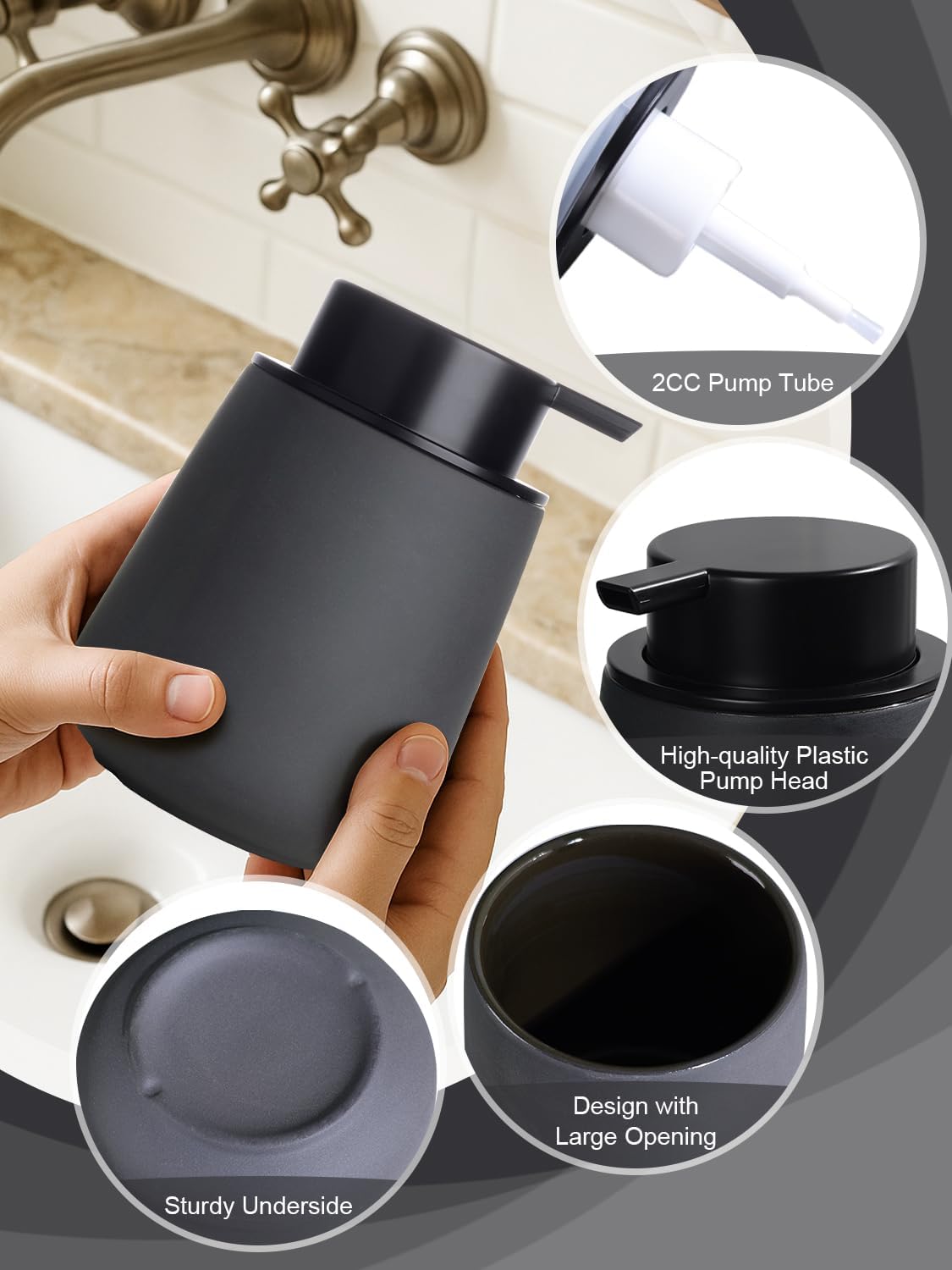 INGOFIN Ceramic Foaming Soap Dispenser - 12oz Foam Hand Soap Dispenser Bathroom, Ceramic Dish Soap Modern Dispenser with Pump for Kitchen, Matte Grey