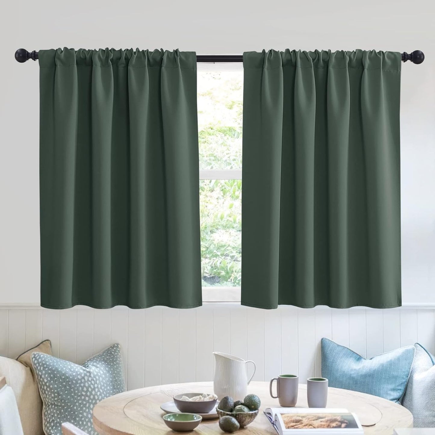 RYB HOME RV Curtains for Camper Windows - Soft Thermal Insulated Small Window Curtain Tiers for Cafe Kitchen Bedroom Basement Glass Door Window, W 42 x L 30 inches, Dark Green, 2 Panels