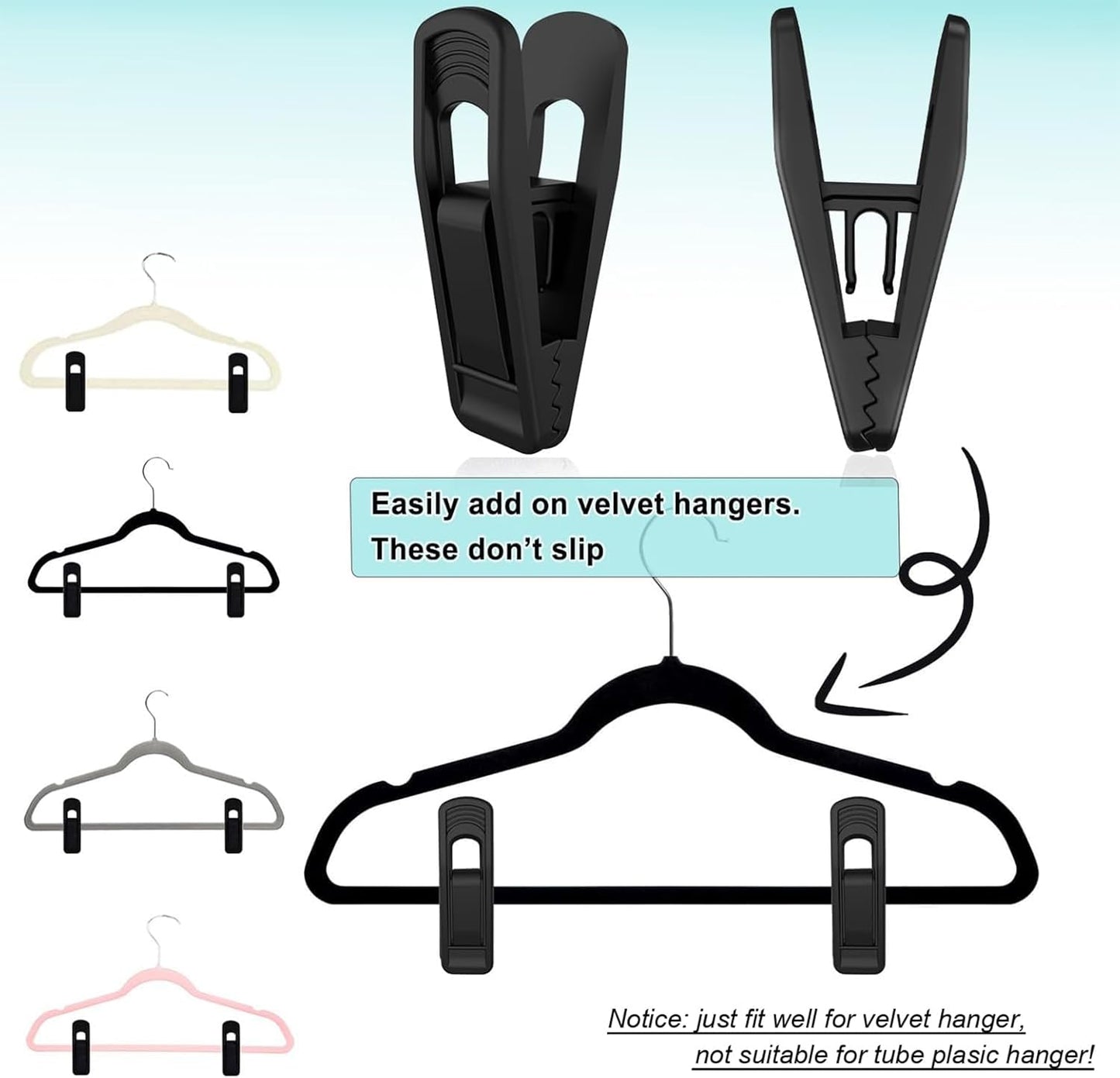Hanger Clips Perfect for Velvet Hangers (Black, 40 PCS), Non-Slip Plastic Clips Pant Skirt Hanger Clips for Black Flocking Hangers
