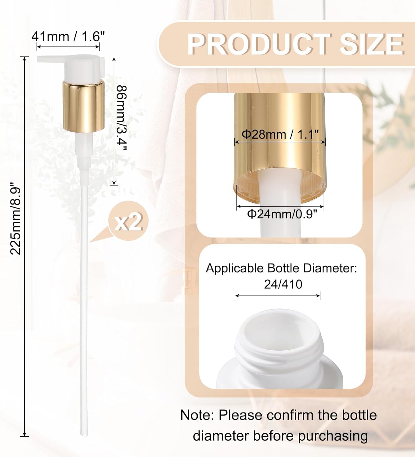 uxcell 2 Pcs Soap Dispenser Pump Heads, Hand Soap Dispensers Top Pumps Replacement Clip-on Pumphead for Standard 24/410 Neck Size Bathroom Lotion Shampoo Bottle, Gold White