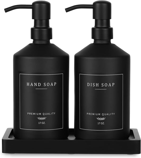 Matte Black Soap Dispenser Set, 17 OZ Hand and Dish Soap Dispenser Set, Bathroom Refillable Soap and Lotion Dispenser Set with Stainless Pump, Modern Liquid Soap Bottle Set(Black Bottle/Black Pump)
