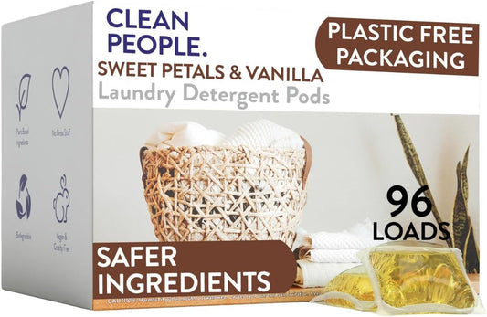 The Clean People Laundry Detergent Pods - Hypoallergenic Laundry Pods - Ultra Concentrated, Recyclable Packaging, Stain Fighting - Sweet Petals, 96 Pack