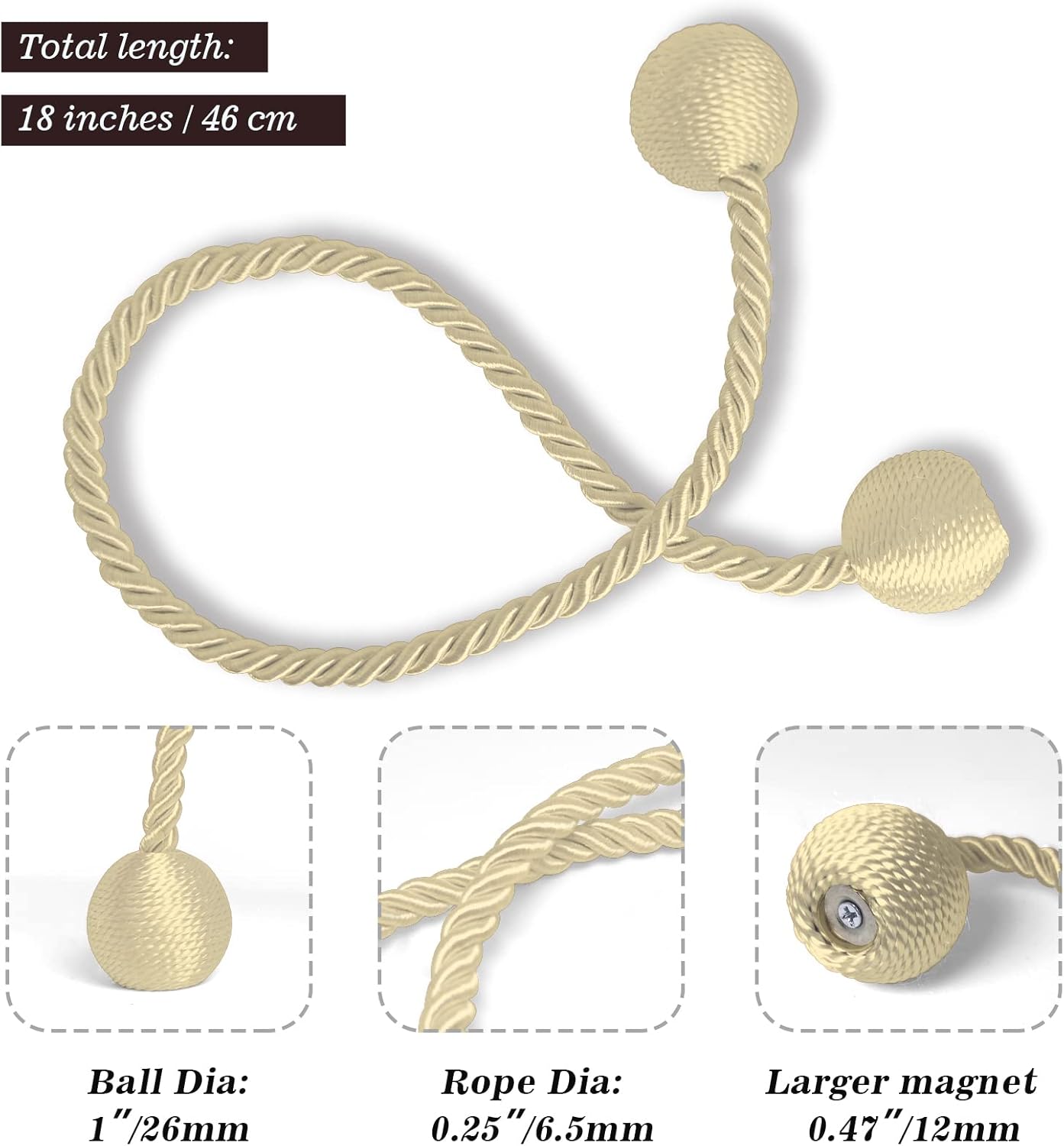 Hion Magnetic Curtain Tiebacks Beige 4 Pack, Curtain Tiebacks Buckles Holdbacks Holders Hooks Clip for Home Bedroom Office Decorative Thick or Thin Curtain