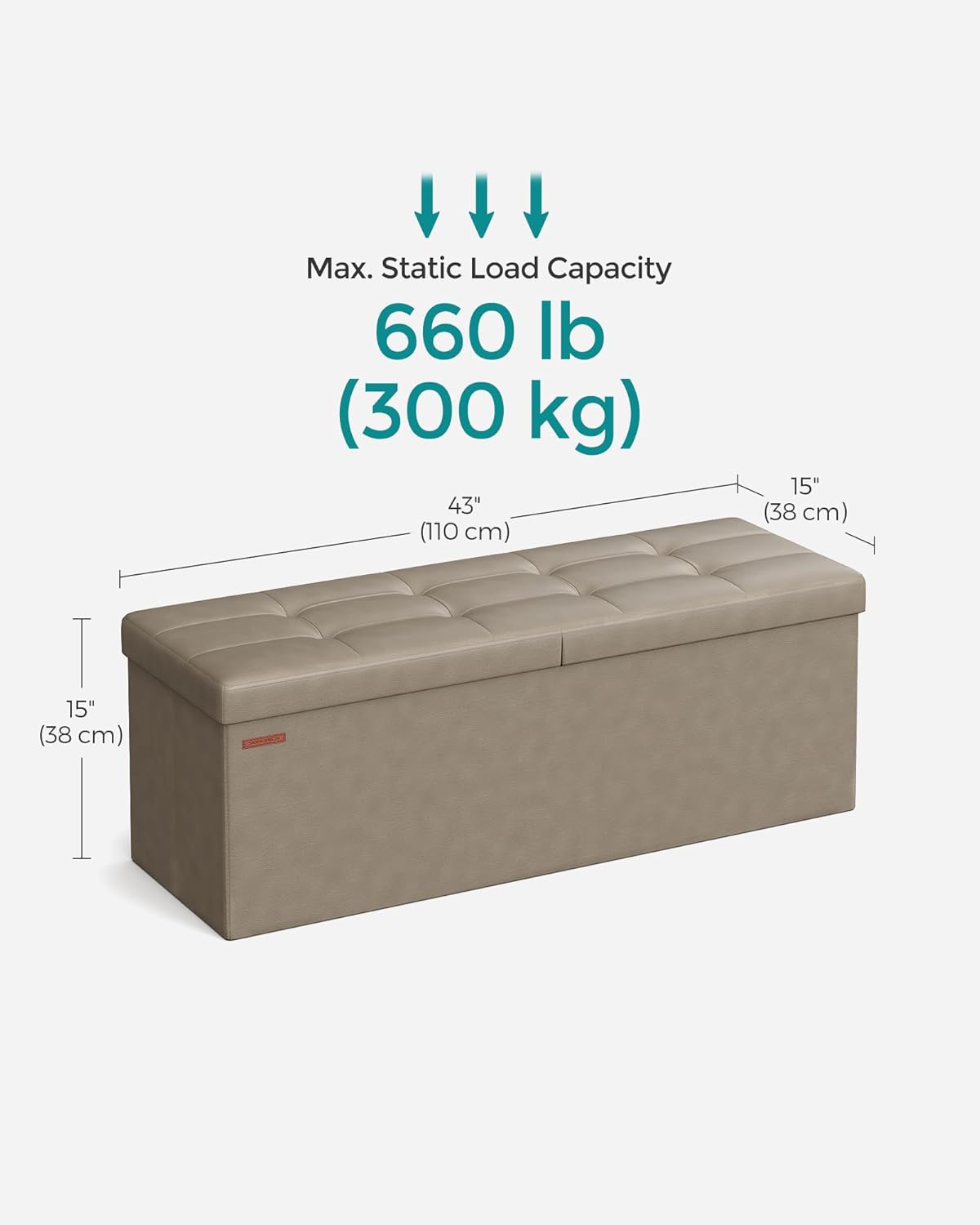 SONGMICS MAZIE Collection - 43 Inches Storage Ottoman Bench with Flipping Lid, Storage Chest with Iron Frame Support, Load 660 lb, for Living Room, Bedroom, Synthetic Leather, Camel Brown ULSF075K03