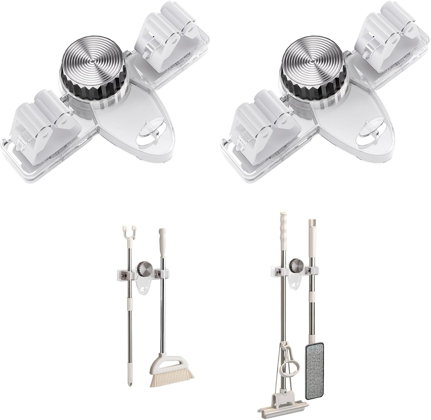 Mop and Broom Holder Wall Mount, No Punching Required Broom and Mop Organizer Wall Hanging with Hooks for Bathroom, Laundry Room, Garage, Kitchen,Garden Tool Organizer Storage (2pcs Transparent)